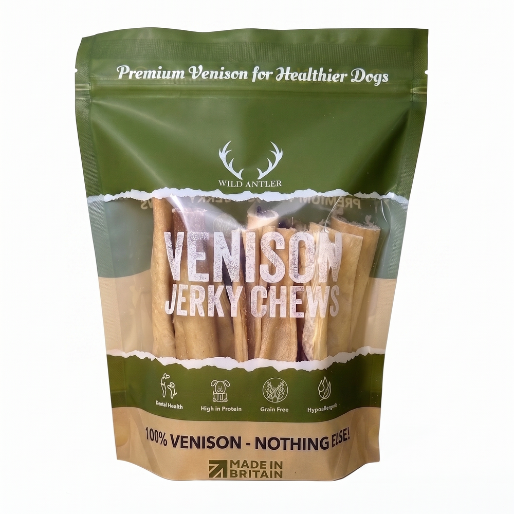 Package of Venison Jerky Chews with green and brown design on a white background