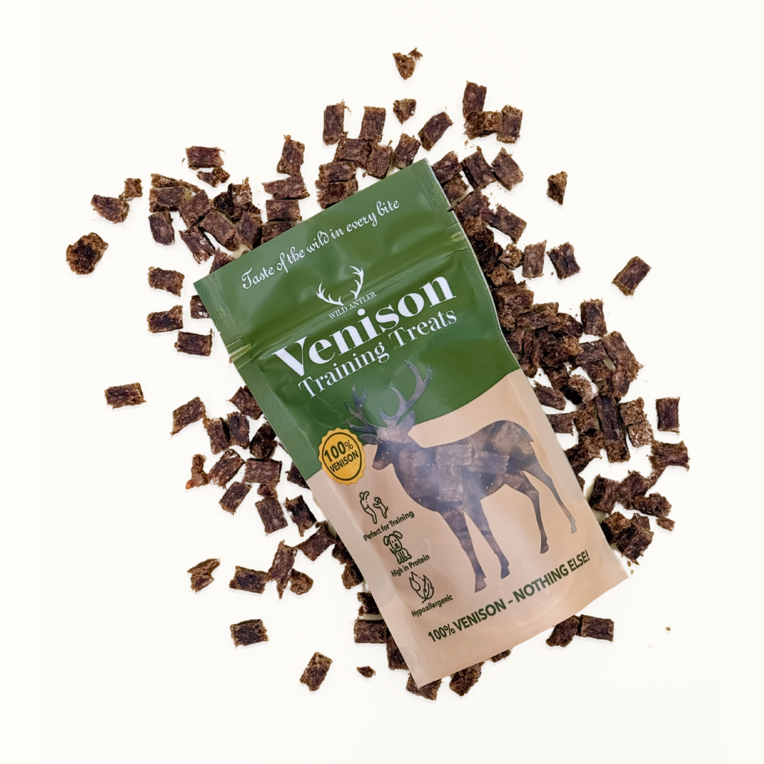 100% human grade venison meat air-dried into small cubes, high protein low fat hypoallergenic treats. No additives or nasties, free from allergens.  - Antler Chew 