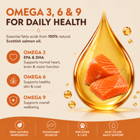 Cold-pressed Scottish salmon oil rich in Omega 3, 6 and 9. Supports healthy skin, a shiny coat, joints, mobility and everyday wellbeing.  - Antler Chew 