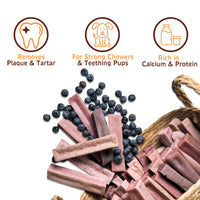 Treat your dog to TREABY's Blueberry Flavour Yak Chew (Medium Size, 2-Pack). Made with natural ingredients, these chews are perfect for puppies and adult dogs aged 14 weeks and older.  - Antler Chew 