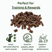 100% human grade venison meat air-dried into small cubes, high protein low fat hypoallergenic treats. No additives or nasties, free from allergens.  - Antler Chew 