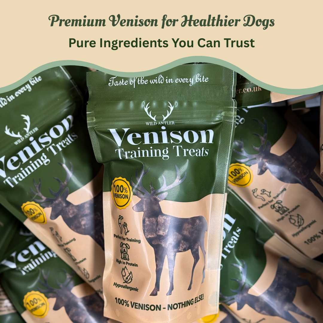 100% human grade venison meat air-dried into small cubes, high protein low fat hypoallergenic treats. No additives or nasties, free from allergens.  - Antler Chew 
