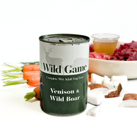 Wild game - Venison & Wild Boar grain-free complete wet dog food, 400g. High-protein, balanced nutrition for active dogs.  - Antler Chew 