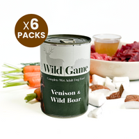 High-quality, grain-free complete wet dog food bundle x 6  with venison and boar. Made with human-grade ingredients and no artificial additives.  - Antler Chew 