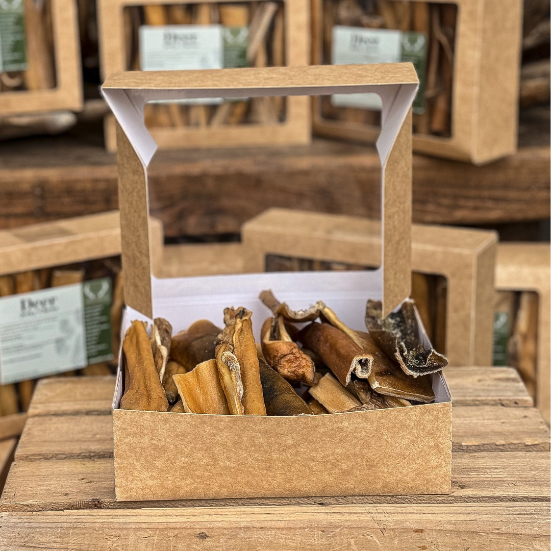 Made from 100% natural deer skin, these chews are perfect for keeping your dog entertained while promoting dental health.   - Antler Chew 