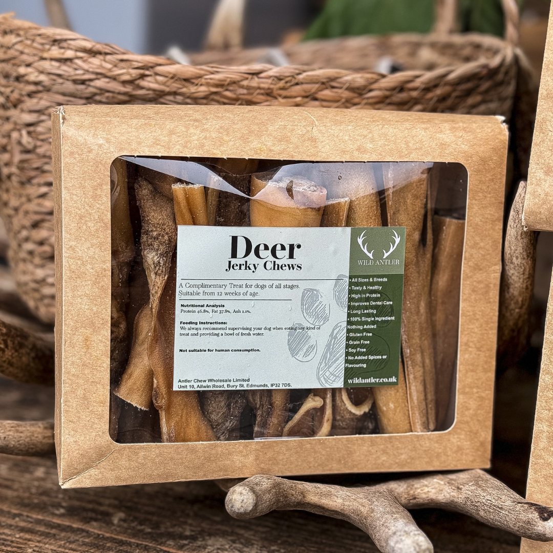 Made from 100% natural deer skin, these chews are perfect for keeping your dog entertained while promoting dental health.   - Antler Chew 