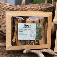 Made from 100% natural deer skin, these chews are perfect for keeping your dog entertained while promoting dental health.   - Antler Chew 