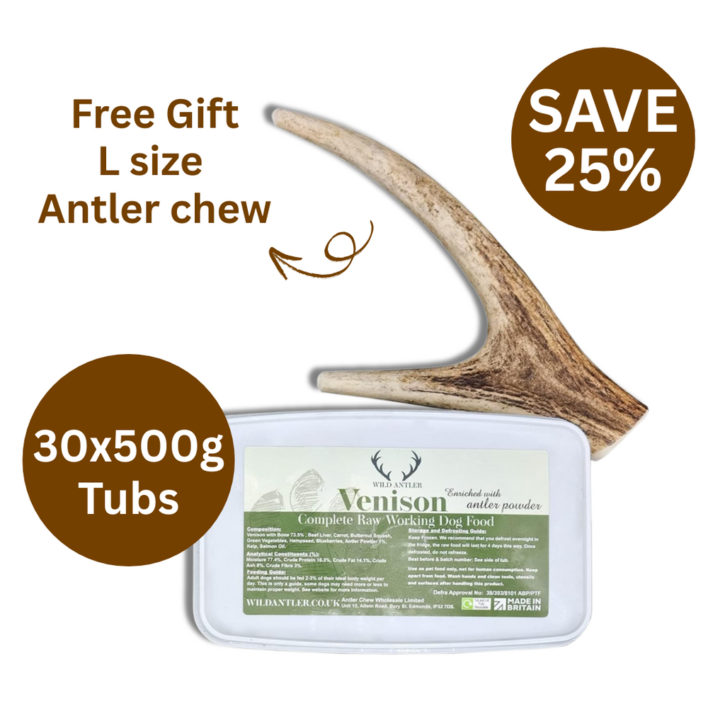 Delicious Venison raw dog food, complete formula meal with British venison meat & beef liver. Packed with greens, hemp seeds, kelp, & salmon oil.  - Antler Chew 