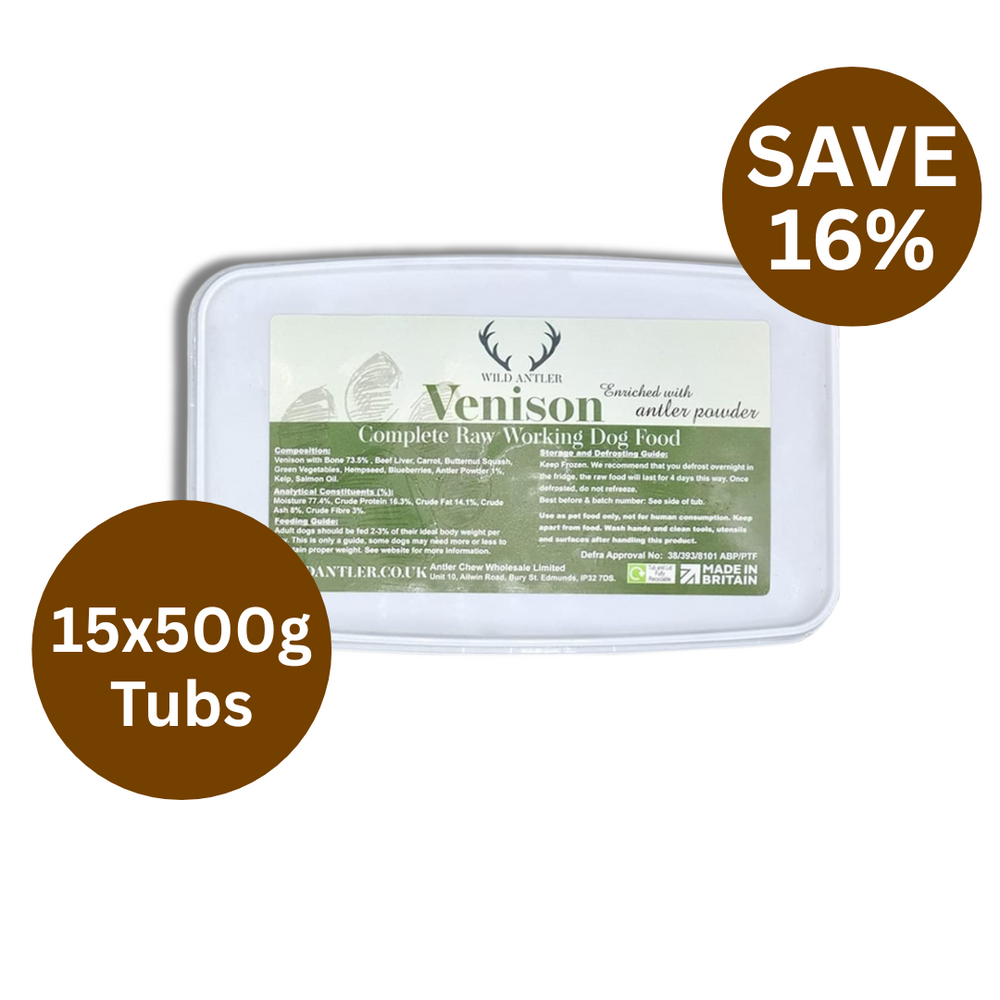 Next day DPD delivery. Bundle of 15 x 500g tubs frozen raw dog food. Venison & beef liver blend, suitable for dogs 24 weeks+. Balanced nutrition.  - Antler Chew 