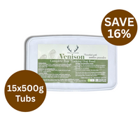Next day DPD delivery. Bundle of 15 x 500g tubs frozen raw dog food. Venison & beef liver blend, suitable for dogs 24 weeks+. Balanced nutrition.  - Antler Chew 