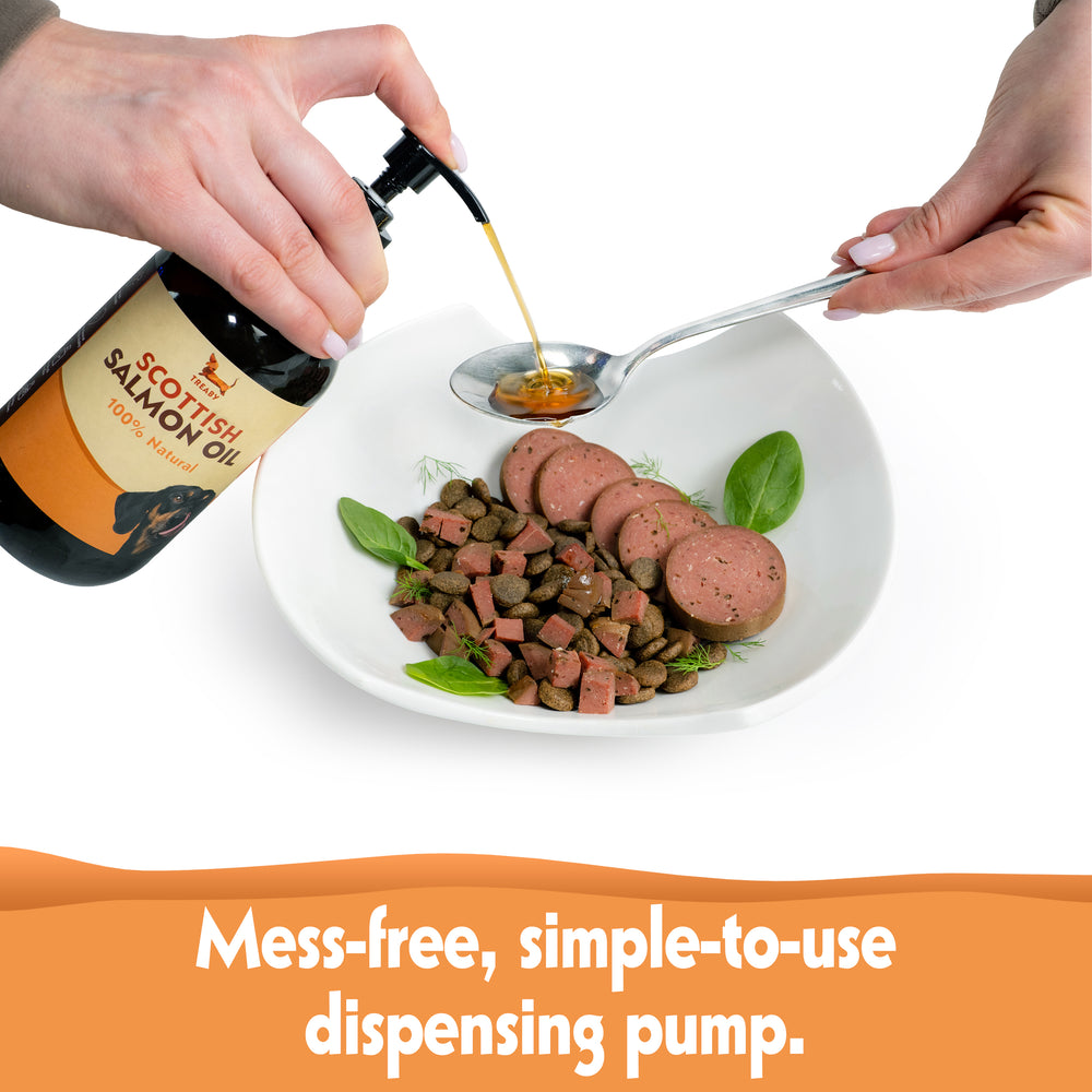 Enhance your dog's coat with our Scottish Salmon Oil. Rich in Omega 3 & 6, hypoallergenic, and full of natural nutrients. Keep stored properly for freshness.  - Antler Chew 