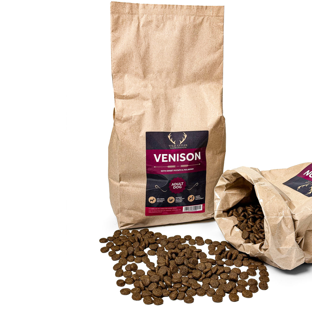 Give your working dog the energy they need with our Premium Venison dog food. Packed with essential nutrients for a healthy skin and coat.  - Antler Chew 