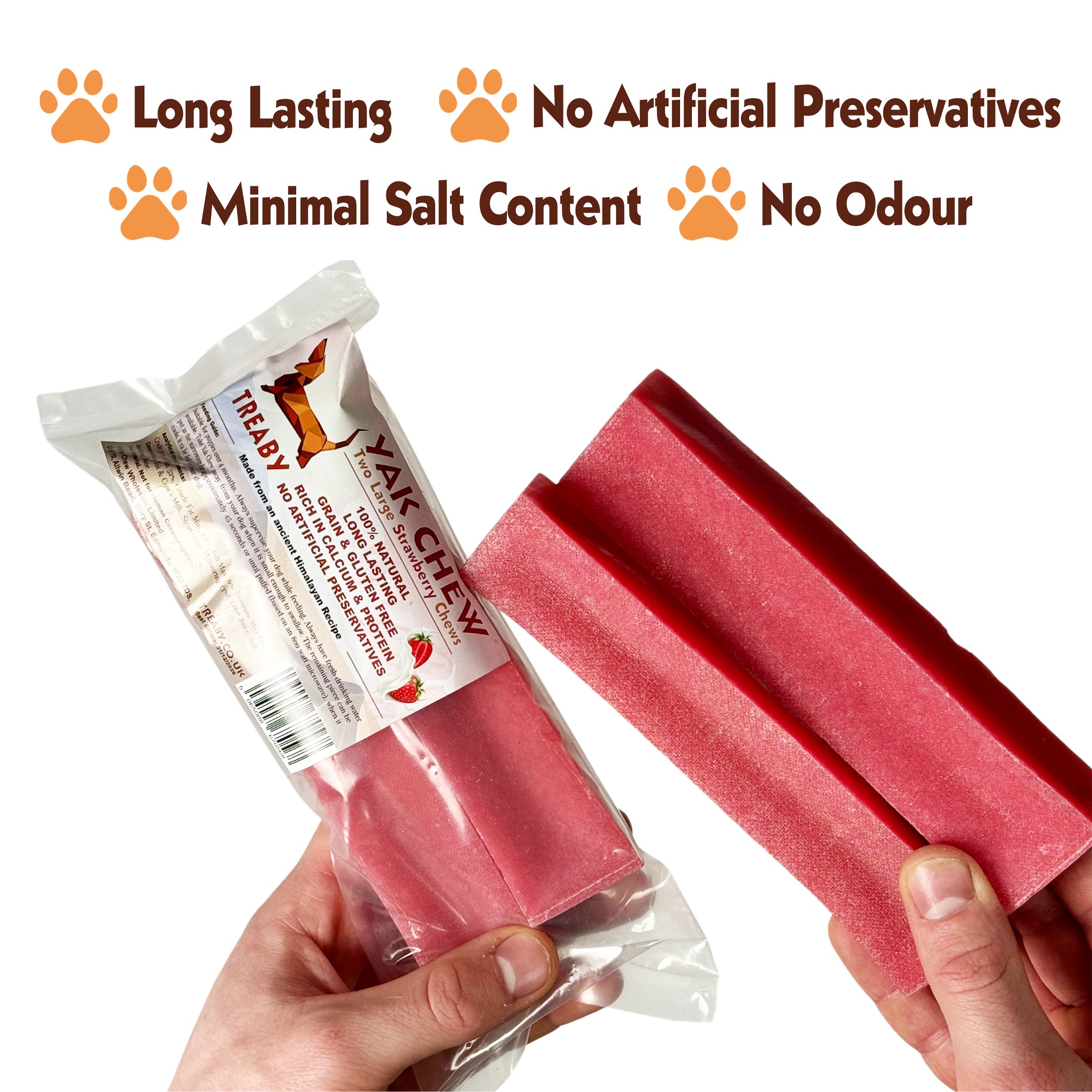 Indulge your dog with TREABY's Large Strawberry Yak Chew, a healthy and long-lasting treat made from natural cow and yak milk. Infused with real strawberries for added vitamins and antioxidants, these chews support dental hygiene while being rich in protein and calcium. Perfect for dogs 14 weeks and older.  - Antler Chew 
