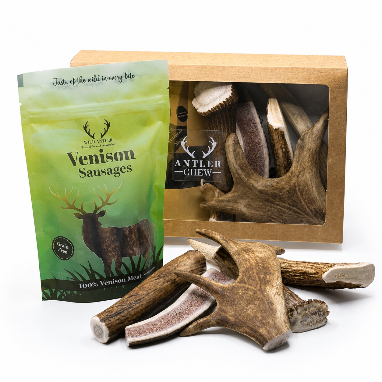 Shop our large natural dog chew box with premium antler chews and grain-free venison sausages—long-lasting, high-protein treats dogs love.  - Antler Chew 