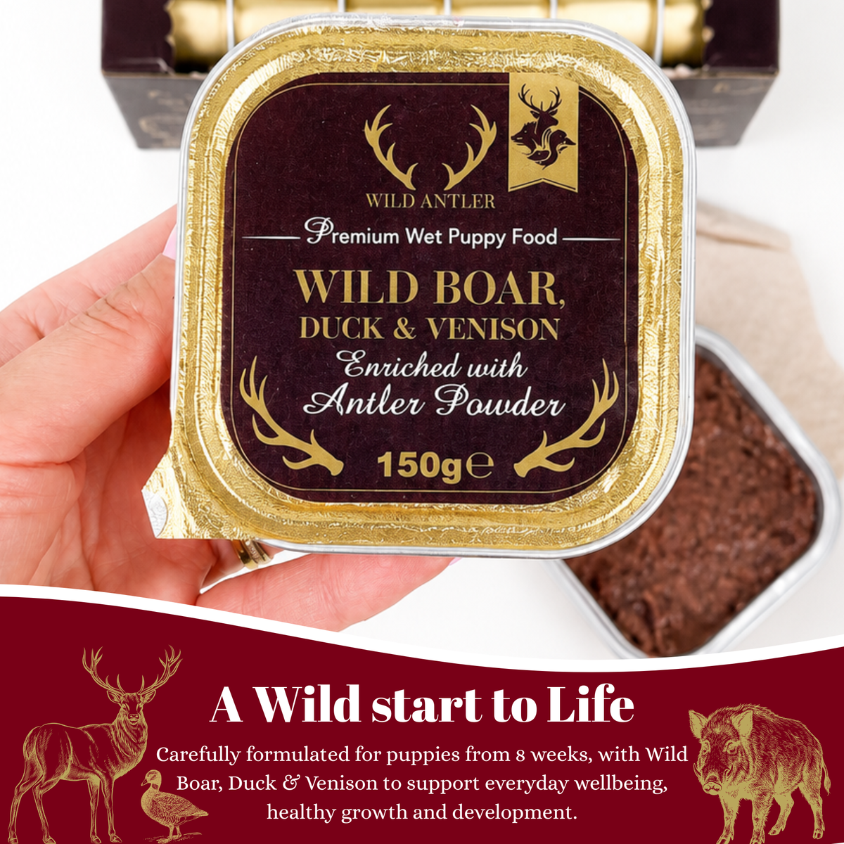 Complete grain-free puppy food from 8 weeks+, made with wild boar, duck, venison and antler powder to support healthy growth and development.  - Antler Chew