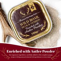 Complete grain-free puppy food from 8 weeks+, made with wild boar, duck, venison and antler powder to support healthy growth and development.  - Antler Chew