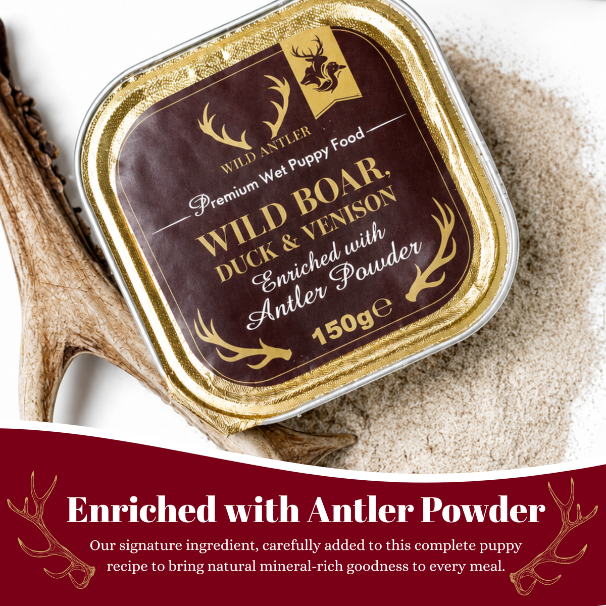 Complete grain-free puppy food from 8 weeks+, made with wild boar, duck, venison and antler powder to support healthy growth and development.  - Antler Chew