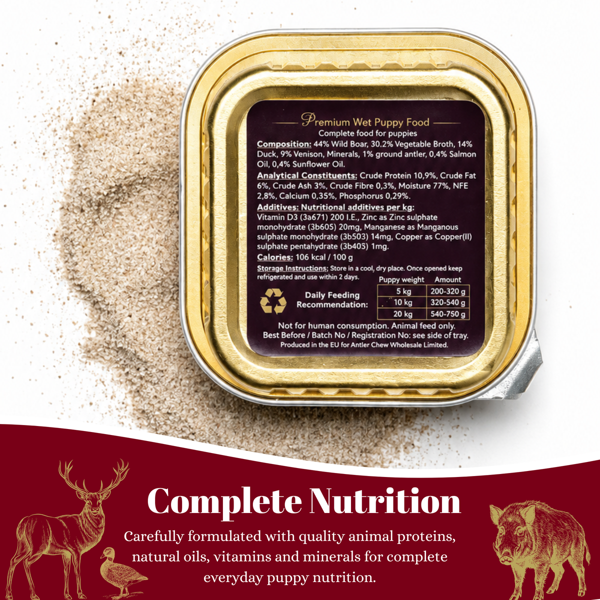 Complete grain-free puppy food from 8 weeks+, made with wild boar, duck, venison and antler powder to support healthy growth and development.  - Antler Chew