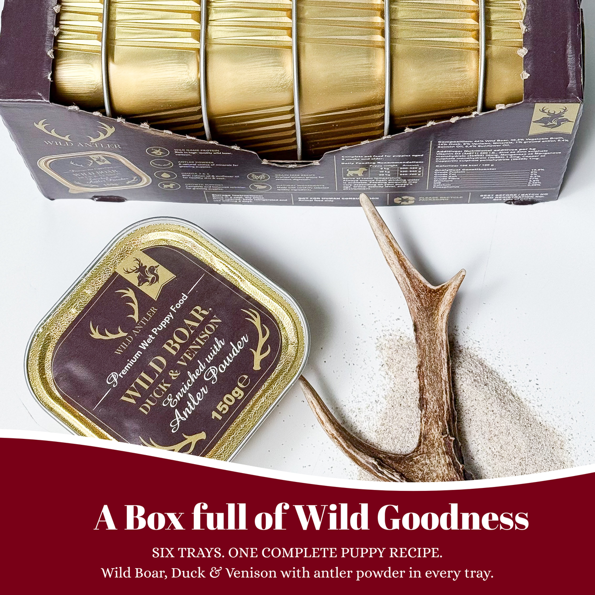 Complete grain-free puppy food from 8 weeks+, made with wild boar, duck, venison and antler powder to support healthy growth and development.  - Antler Chew