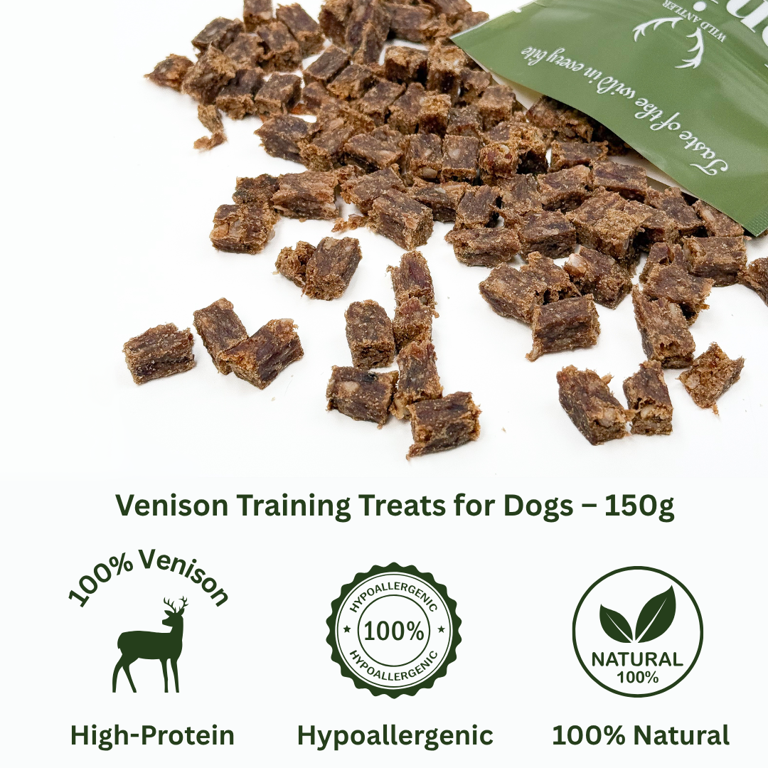 100% human grade venison meat air-dried into small cubes, high protein low fat hypoallergenic treats. No additives or nasties, free from allergens.  - Antler Chew 