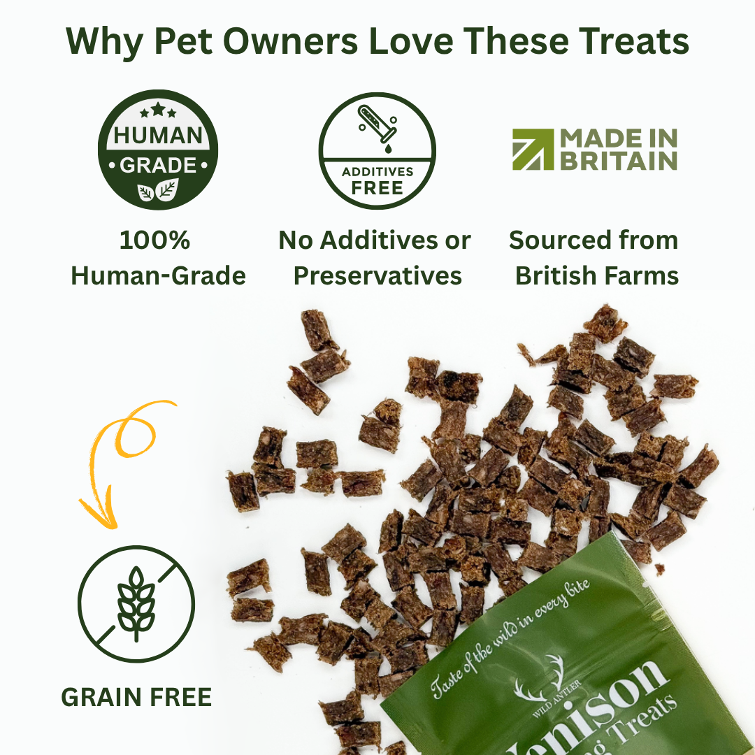 100% human grade venison meat air-dried into small cubes, high protein low fat hypoallergenic treats. No additives or nasties, free from allergens.  - Antler Chew 