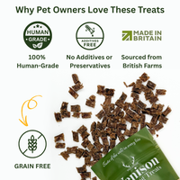 100% human grade venison meat air-dried into small cubes, high protein low fat hypoallergenic treats. No additives or nasties, free from allergens.  - Antler Chew 