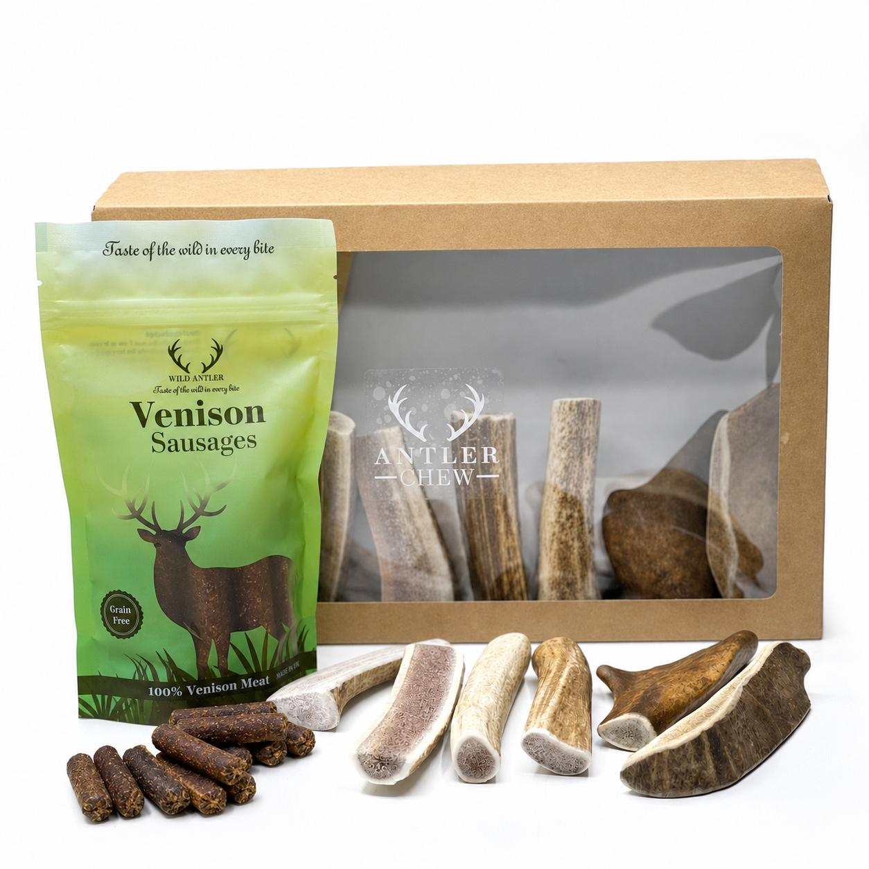Ideal for up to 4/5 month old puppies, our first puppy dog box is full of joy! Includes toys, treats, and essentials to welcome your new furry friend.  - Antler Chew 