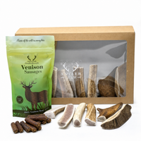 Ideal for up to 4/5 month old puppies, our first puppy dog box is full of joy! Includes toys, treats, and essentials to welcome your new furry friend.  - Antler Chew 