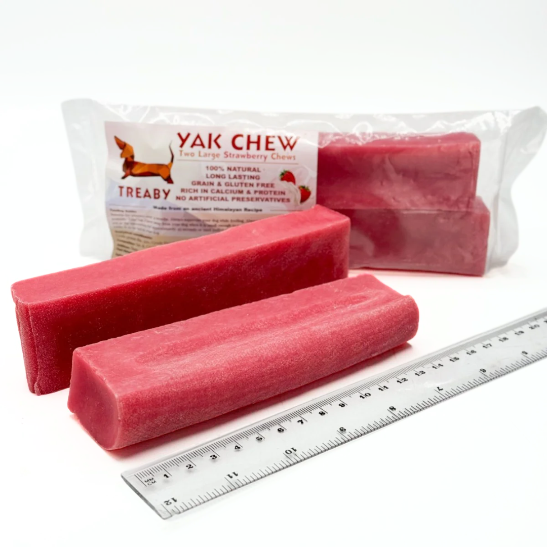 Indulge your dog with TREABY's Large Strawberry Yak Chew, a healthy and long-lasting treat made from natural cow and yak milk. Infused with real strawberries for added vitamins and antioxidants, these chews support dental hygiene while being rich in protein and calcium. Perfect for dogs 14 weeks and older.  - Antler Chew 