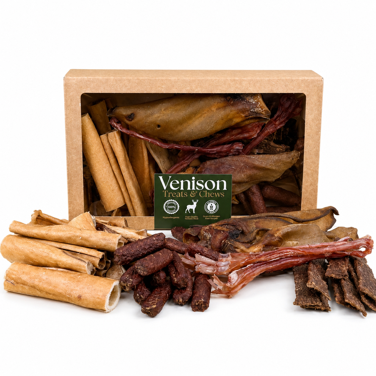 Try our Venison Chew Selection Box - includes popular treats like Deer Jerky chews & Premium Venison Sausages. Perfect for first-time buyers!  - Antler Chew 