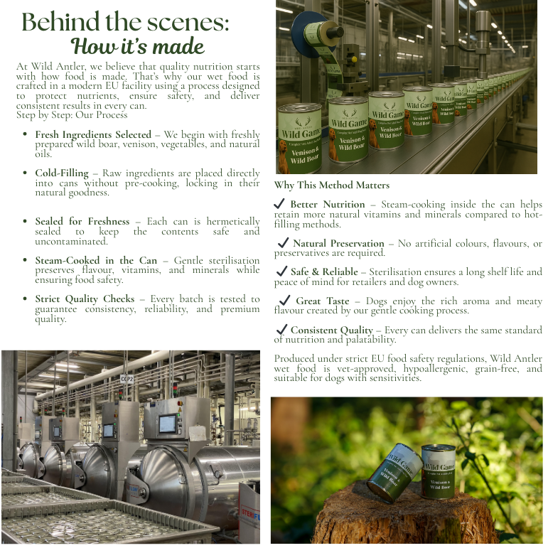 High-quality, grain-free complete wet dog food bundle x 6  with venison and boar. Made with human-grade ingredients and no artificial additives.  - Antler Chew 