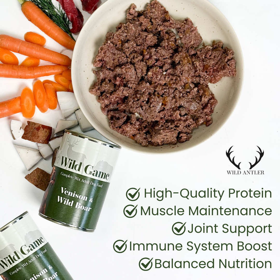 High-quality, grain-free complete wet dog food bundle x 6  with venison and boar. Made with human-grade ingredients and no artificial additives.  - Antler Chew 