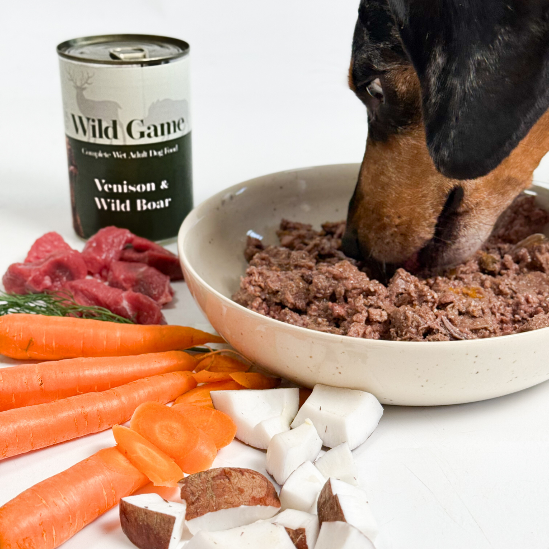 High-quality, grain-free complete wet dog food bundle x 6  with venison and boar. Made with human-grade ingredients and no artificial additives.  - Antler Chew 