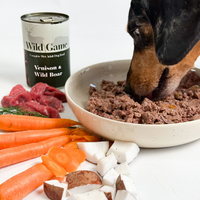 High-quality, grain-free complete wet dog food bundle x 6  with venison and boar. Made with human-grade ingredients and no artificial additives.  - Antler Chew 
