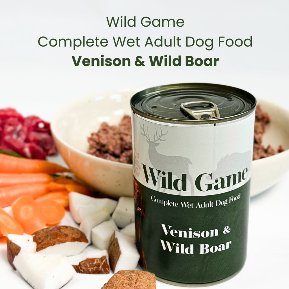 High-quality, grain-free complete wet dog food bundle x 6  with venison and boar. Made with human-grade ingredients and no artificial additives.  - Antler Chew 