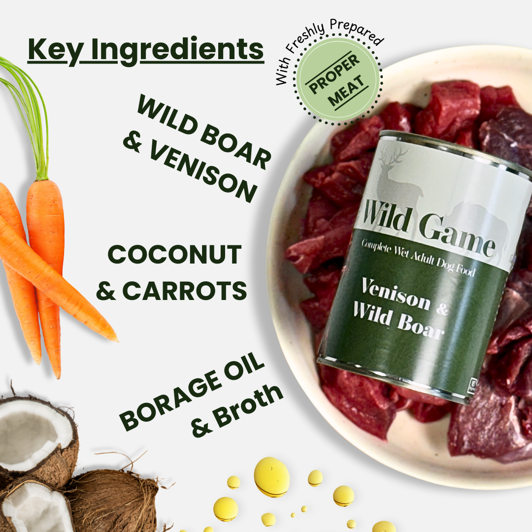 Wild game - Venison & Wild Boar grain-free complete wet dog food, 400g. High-protein, balanced nutrition for active dogs.  - Antler Chew 
