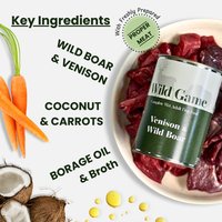 Wild game - Venison & Wild Boar grain-free complete wet dog food, 400g. High-protein, balanced nutrition for active dogs.  - Antler Chew 