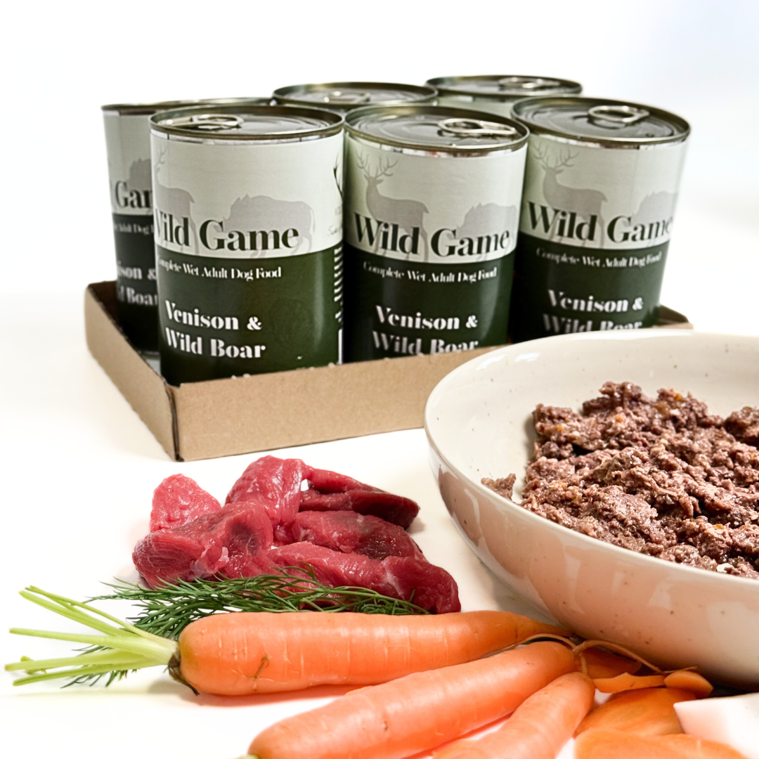 High-quality, grain-free complete wet dog food bundle x 6  with venison and boar. Made with human-grade ingredients and no artificial additives.  - Antler Chew 