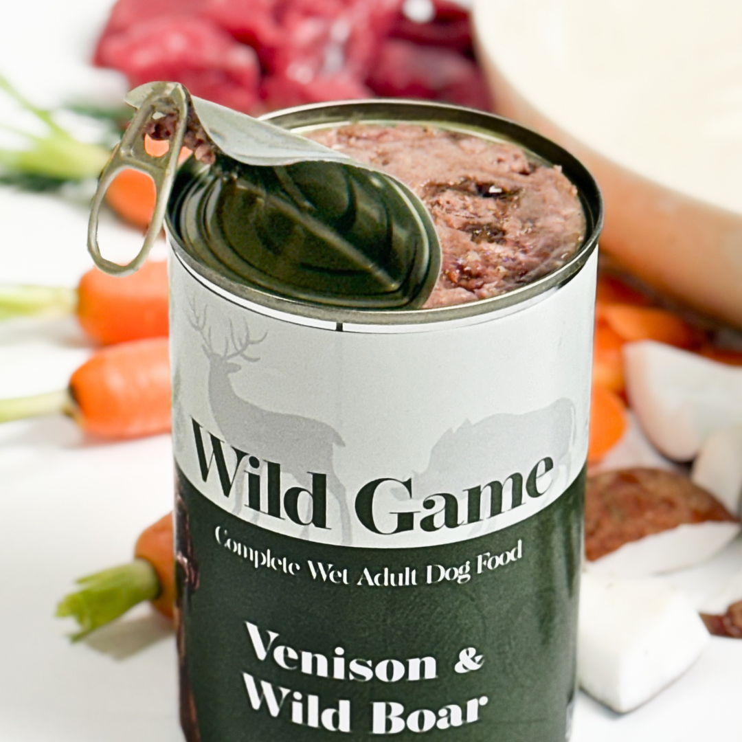 Wild game - Venison & Wild Boar grain-free complete wet dog food, 400g. High-protein, balanced nutrition for active dogs.  - Antler Chew 