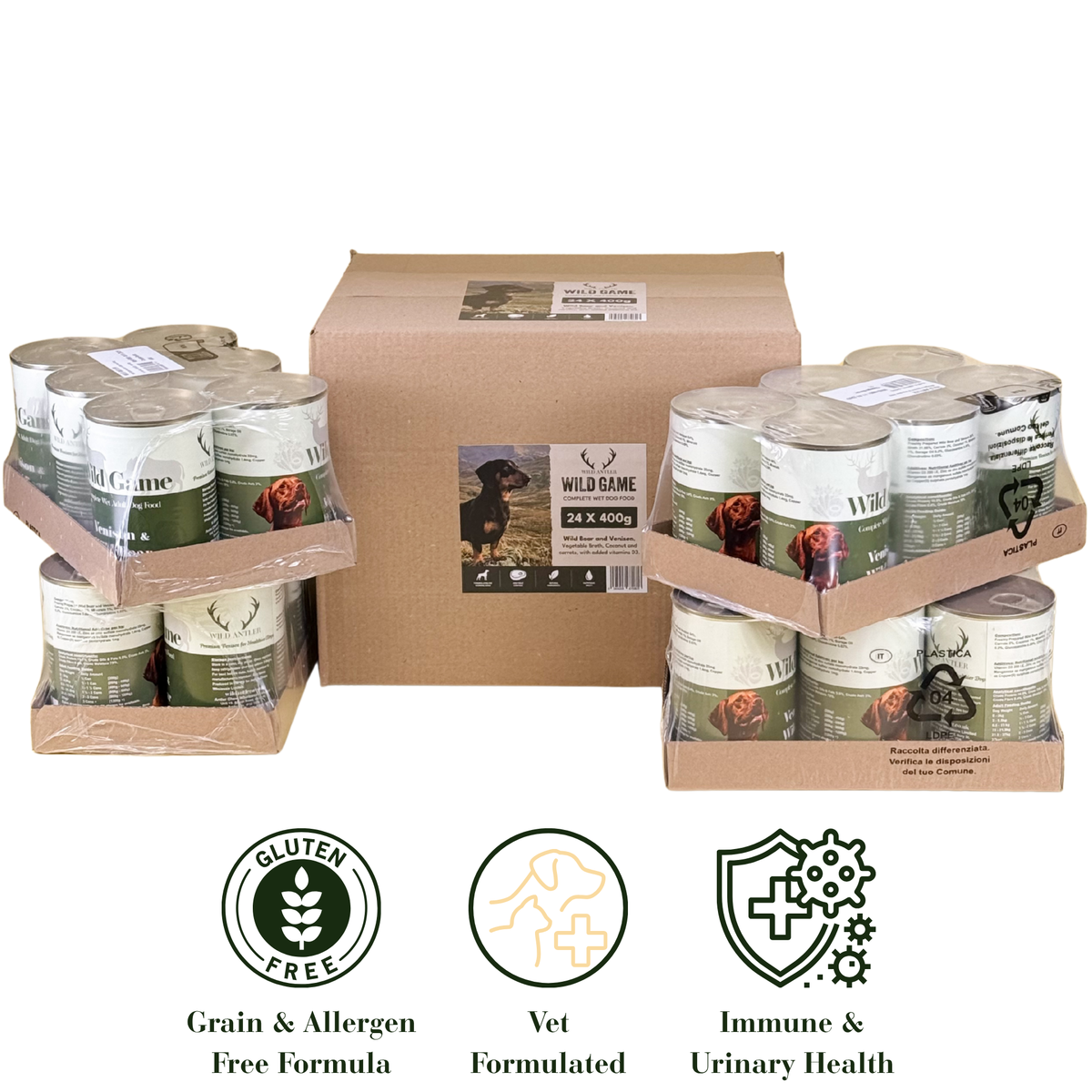 Complete grain-free venison & wild boar wet dog food for adult and working dogs. High meat recipe with joint support. 24 x 400g tins from Wild Antler.  - Antler Chew