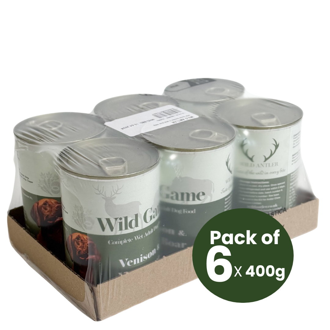 High-quality, grain-free complete wet dog food bundle x 6  with venison and boar. Made with human-grade ingredients and no artificial additives.  - Antler Chew 