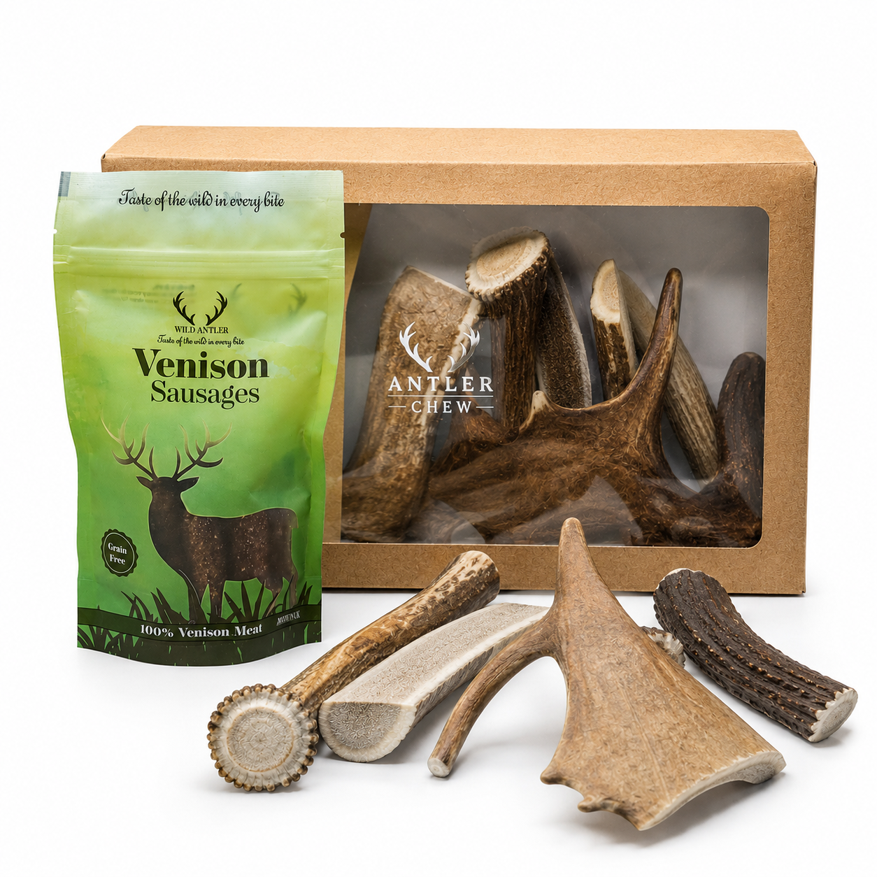 Premium XL Deer & Moose Antler Chews & 100% Venison sausages. Best treats for your paw, free from gluten, grain, and soya.  - Antler Chew 