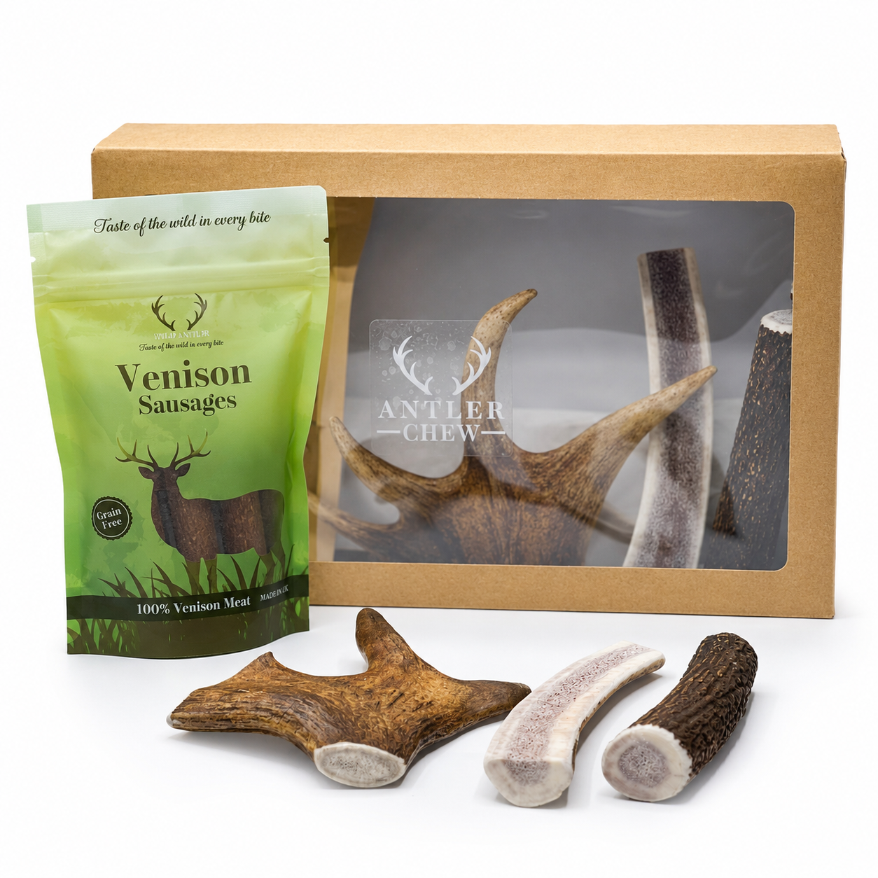 Ideal for up to 4/5 month old puppies, our first puppy dog box is full of joy! Includes toys, treats, and essentials to welcome your new furry friend.  - Antler Chew 