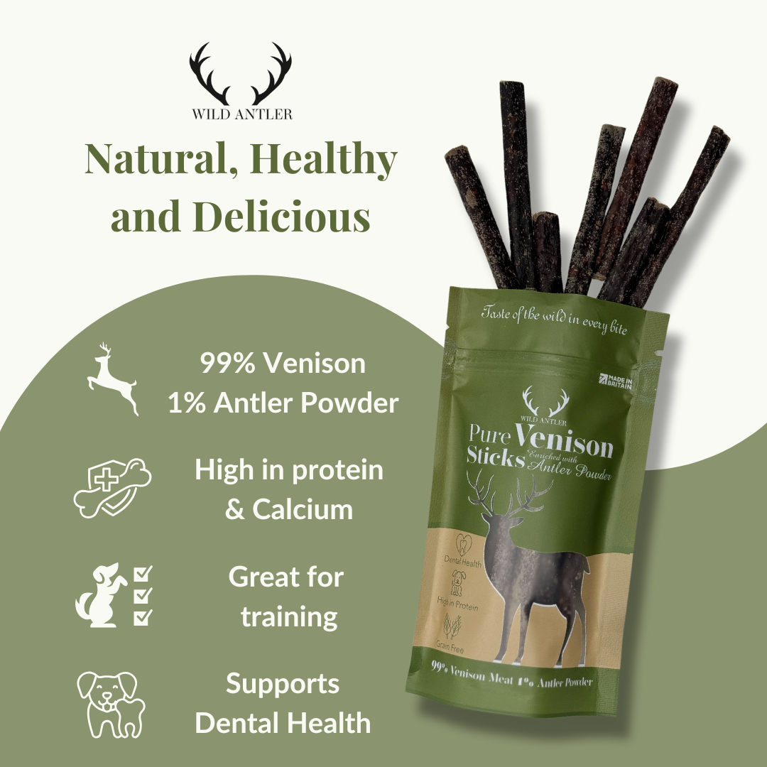 Boost your dog's health with our Pure Venison Sticks enriched with natural antler powder. High in protein, grain-free, and supports dental health.   - Antler Chew 