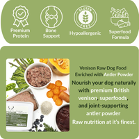 Delicious Venison raw dog food, complete formula meal with British venison meat & beef liver. Packed with greens, hemp seeds, kelp, & salmon oil.  - Antler Chew 